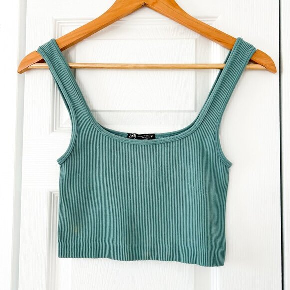Zara Ribbed Knit Square Neck Crop Tank Top Sage Green/Blue Women’s Size M/L - Picture 2 of 4